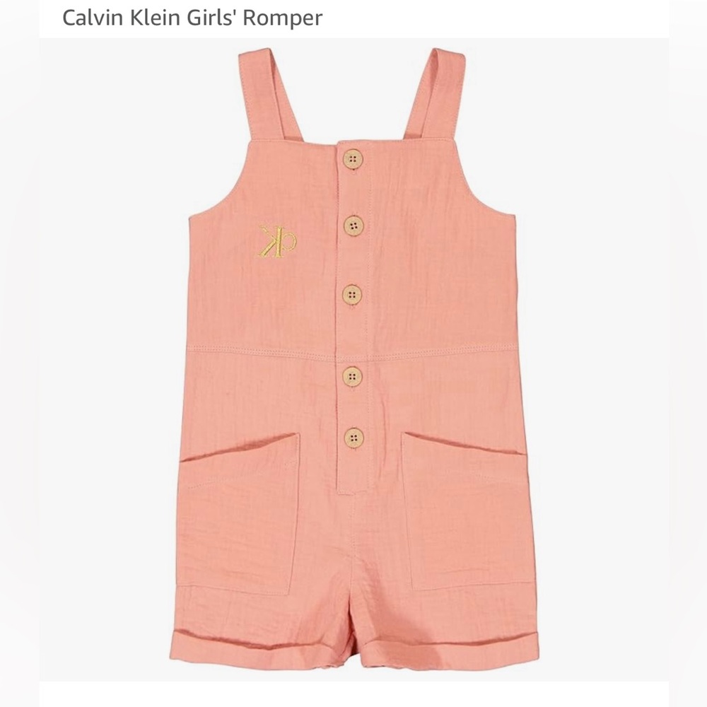 Calvin Klein Girls’ Romper w/ gold lettering logo and two front pocket/Size: 6X